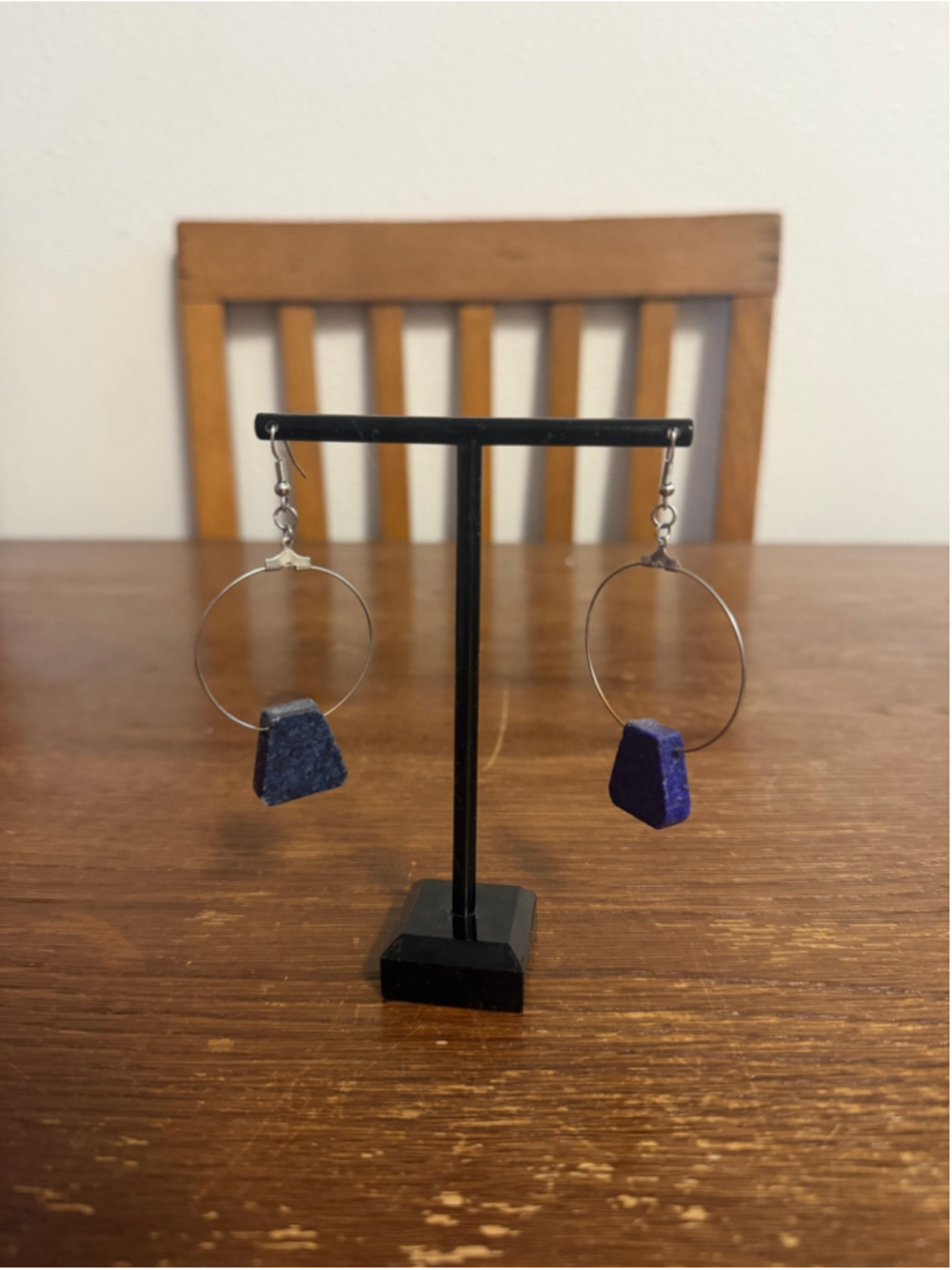 Artisan Blue Stone Hoop Dangle Earrings Geometric Lapis Lazuli Style Silver Tone